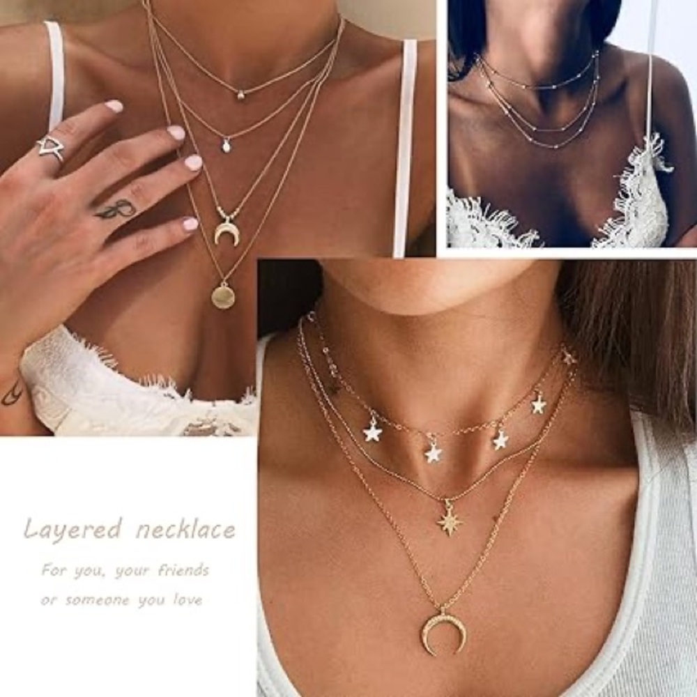 New L.A Hearts Gold Tone Star Moon Pearl Layered Necklace